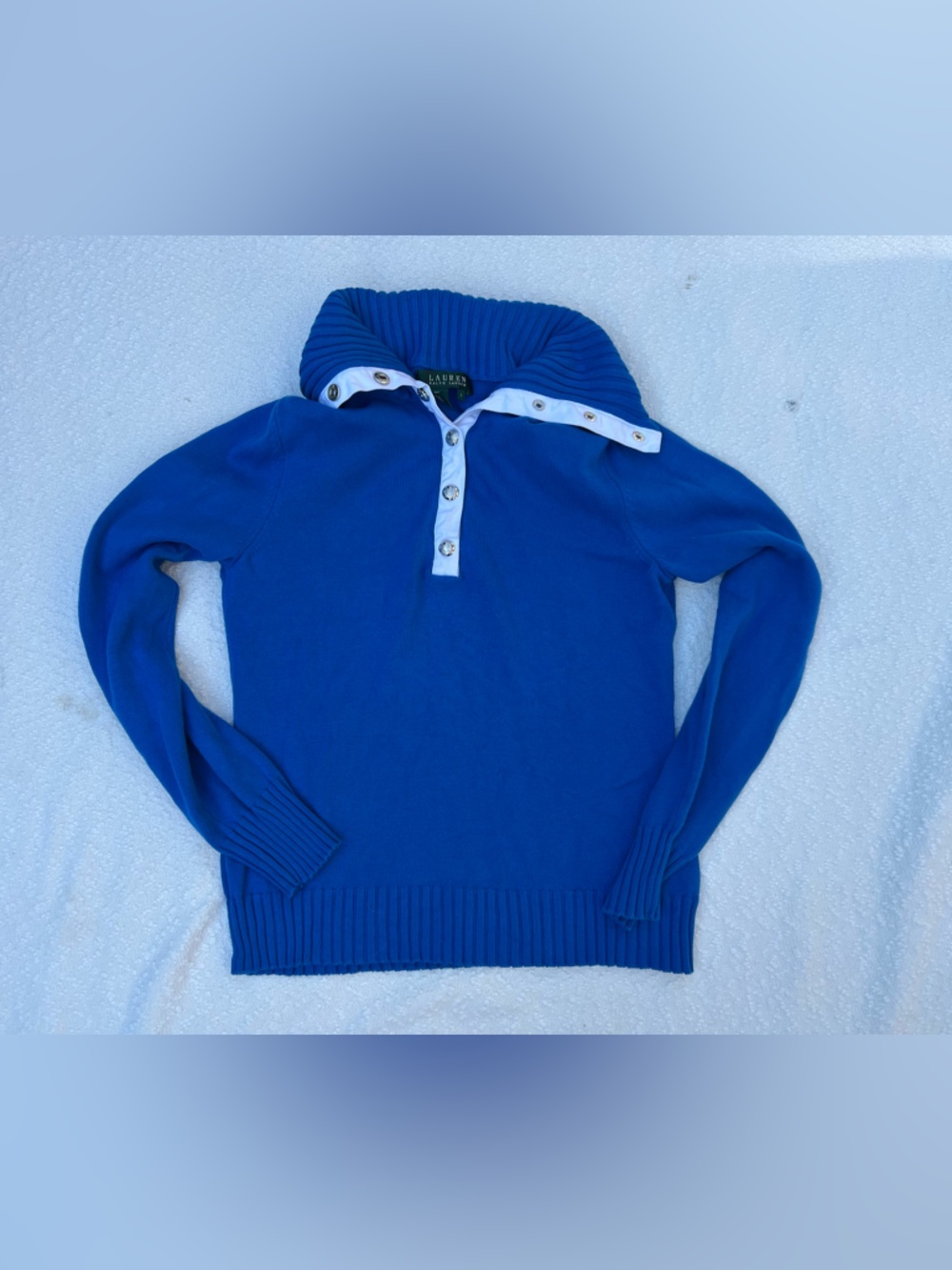 Lauren Ralph Lauren | Blue 100% Cotton Mock Neck Button Sweater